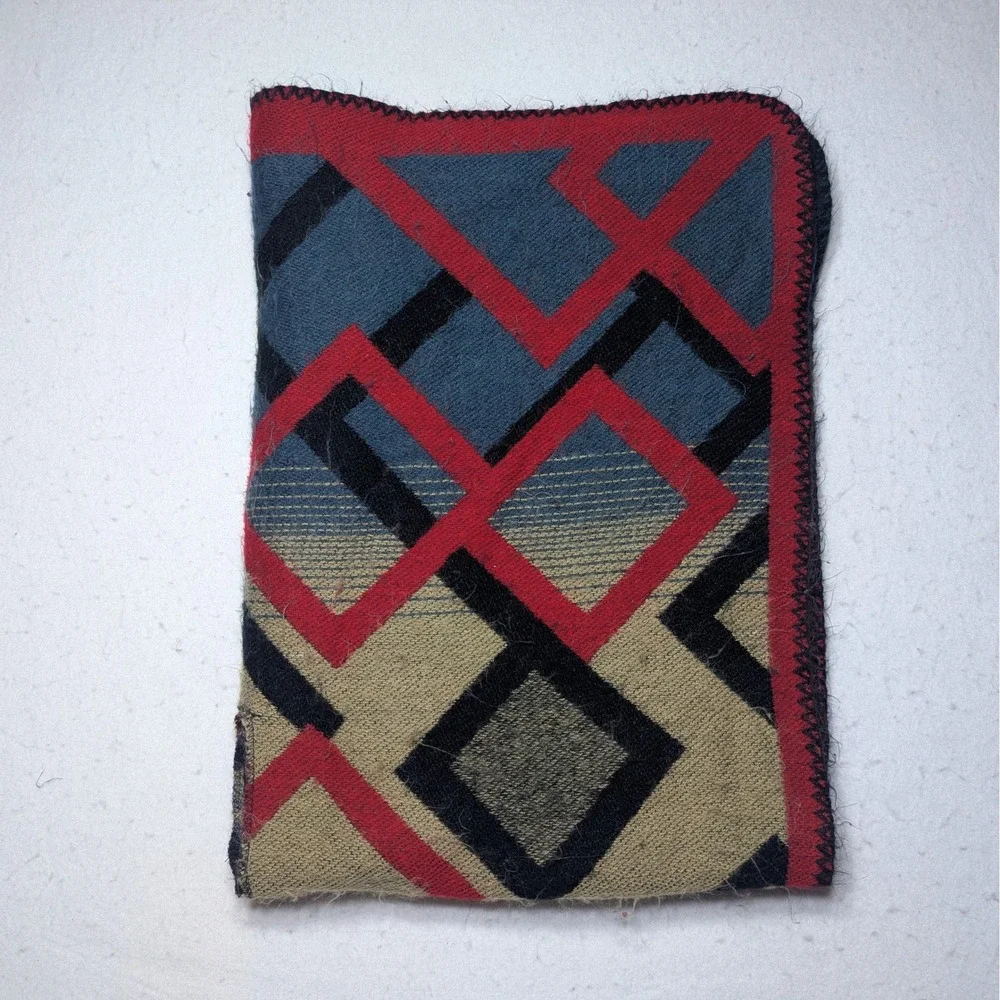 Geometric Wool-Blend‎ Scarf Poncho Wrap Reversible Red Blue Tan